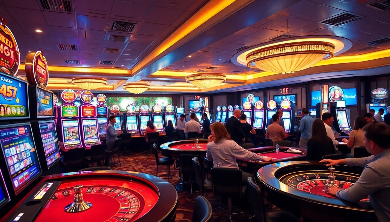 Spielen Sie Casinospiele in einem eleganten Spielzimmer mit lebhaften Slotmaschinen.