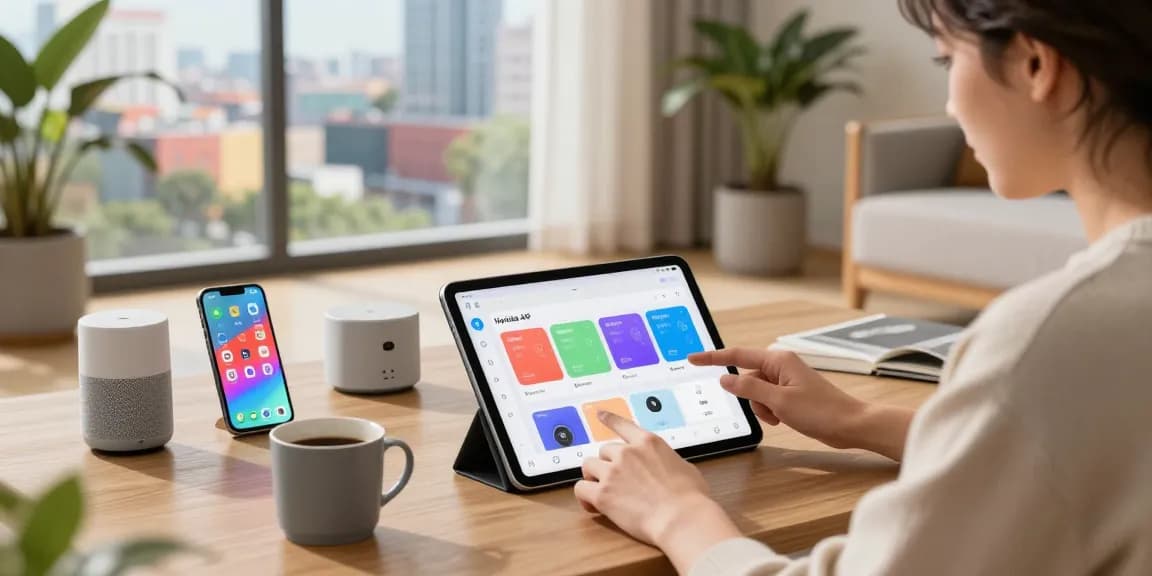 Engaging user customizing Honista atualizado app on a tablet, showcasing vibrant themes and technology integration.