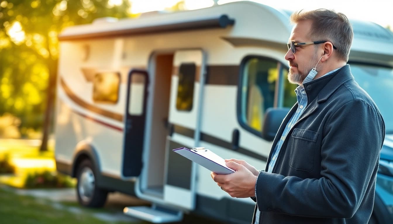 Experte bei der Durchführung eines Wohnmobil Gutachten mit detaillierten Notizen.