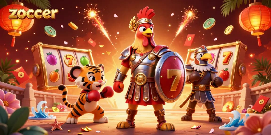 Zoccer captivates with a 3D casino scene featuring a gladiator rooster amidst slot reels and jackpot elements.