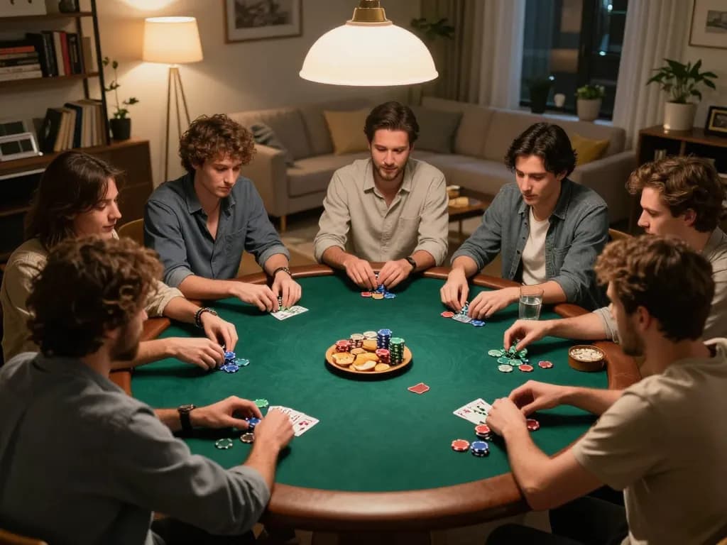 Engaged players assessing their hands while using the KI Detektor Bachelorarbeit during a friendly home poker game.