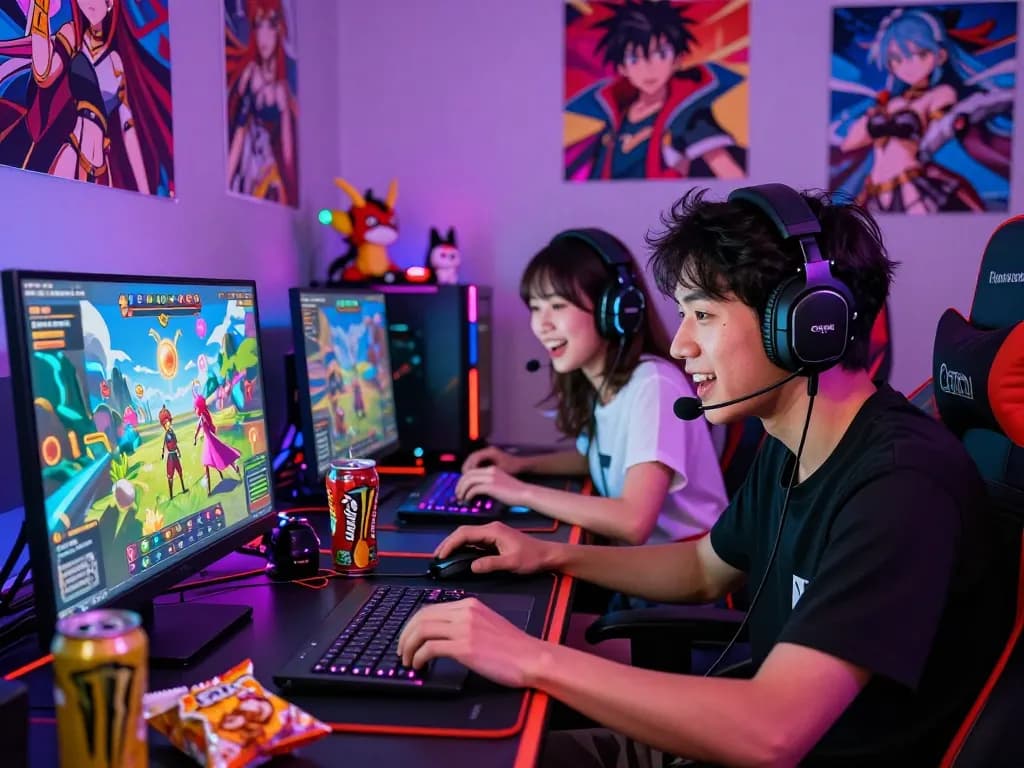 Excited players enjoying a vibrant hentai game in an anime-themed gaming setup