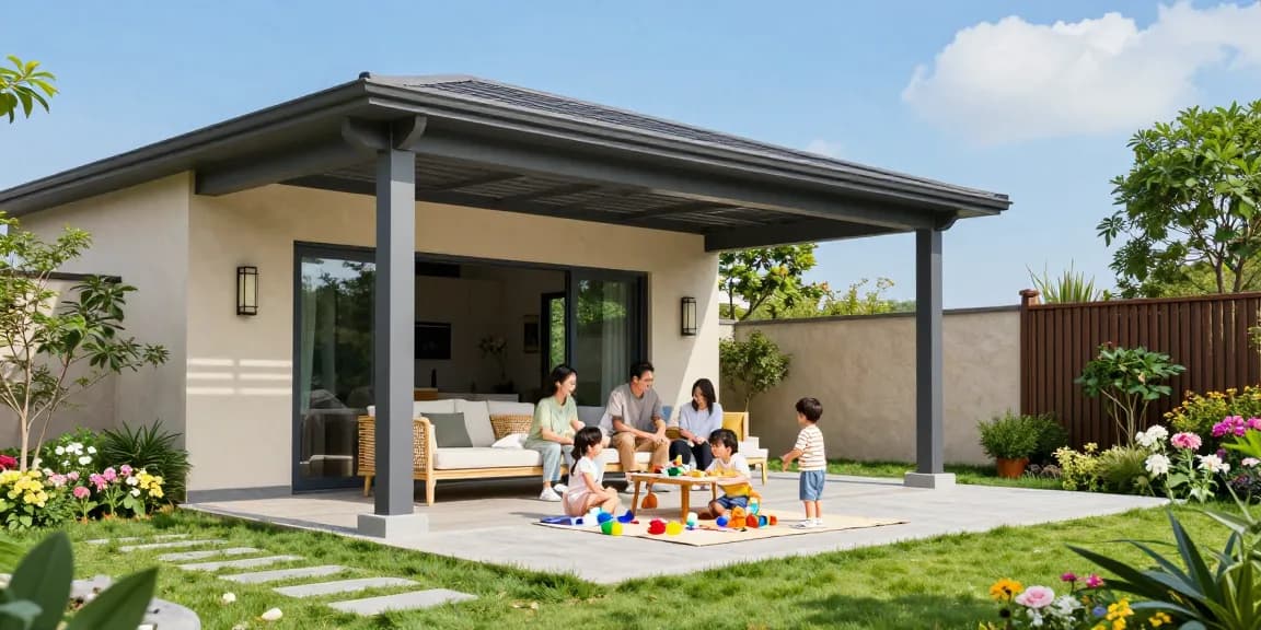 Familie unter einer freistehenden Terrassenüberdachung, entspannte Atmosphäre im Garten