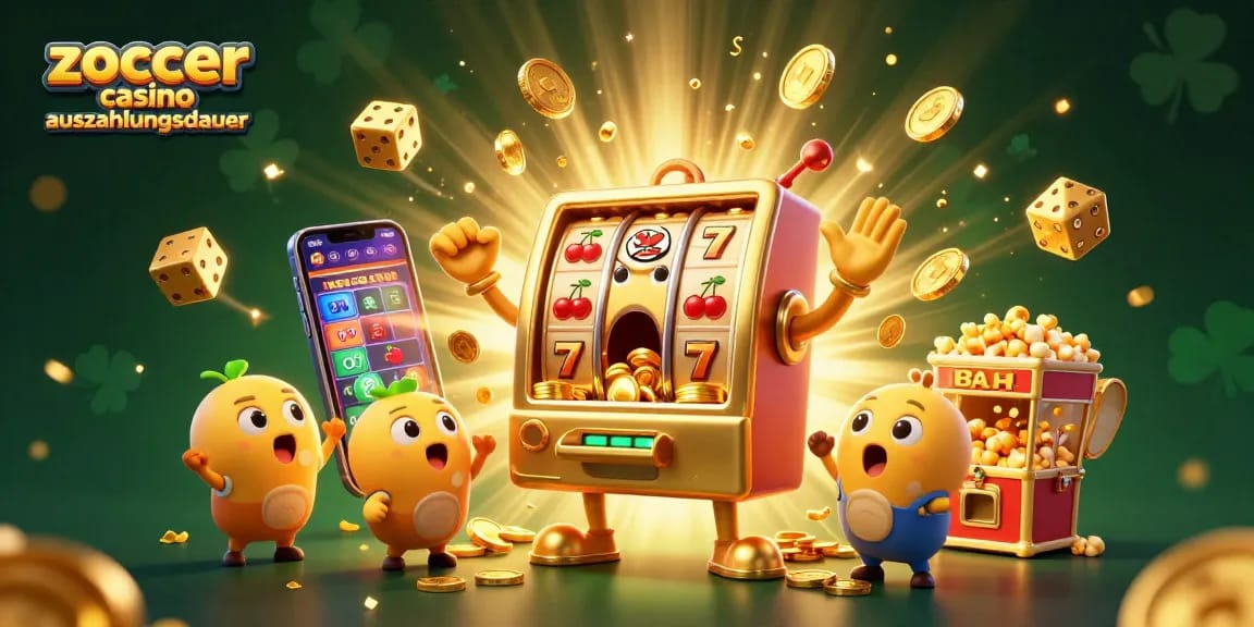 Darstellung der Zoccer Casino Auszahlungsdauer, mit einer goldenen Slotmaschine, die ihren Jackpot schlägt.