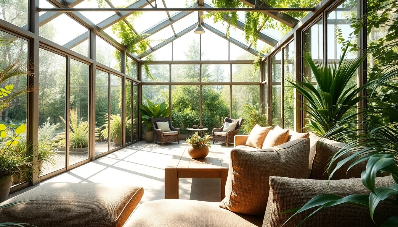 Wintergarten mit einem einladenden Sitzbereich umgeben von ueppigem Gruen.