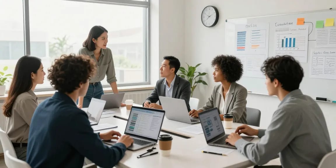 Moderne Arbeitsumgebung mit Führungskräften, die auf einer Bewertungsplattform Führung Strategien diskutieren und Daten analysieren.