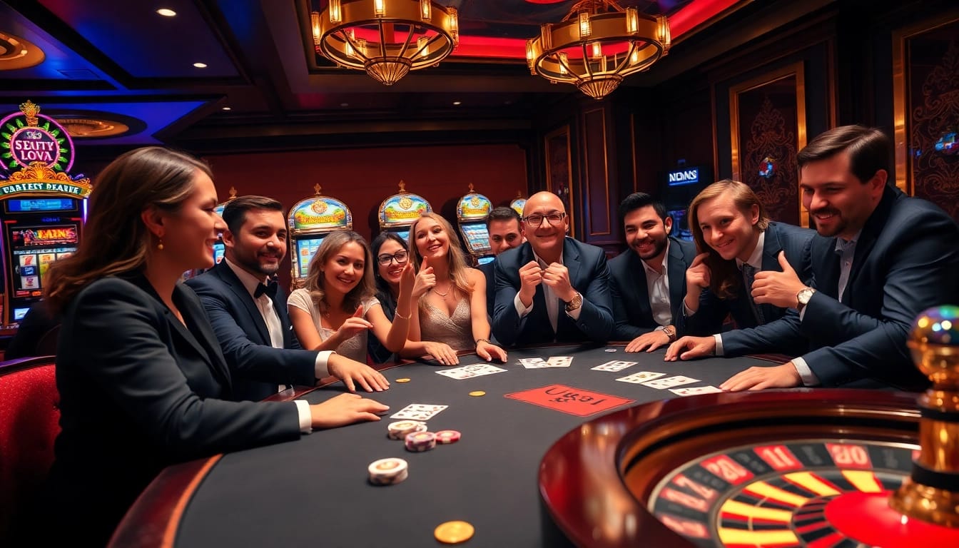 Experience the thrill of U888 with players engaging at a luxurious poker table in a vibrant casino.