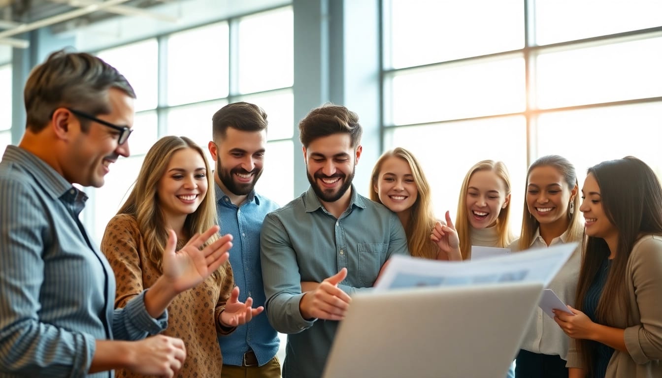 Engaged professionals seeking to find a job board for sales roles in a collaborative office environment.