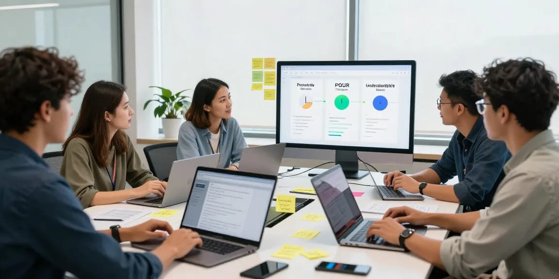 Barrierefreie und rechtssichere Webseiten Dienstleistung im modernen Büro mit UX-Designern, die zusammenarbeiten und digitale Compliance-Prinzipien visualisieren.