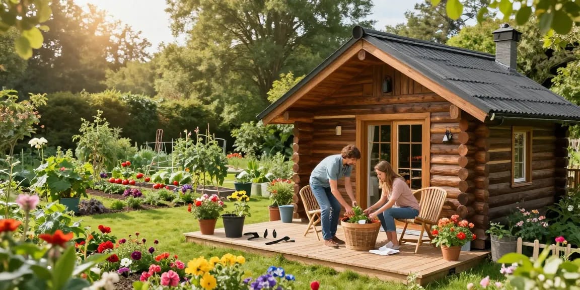 Garten Haus umgeben von Blumen und einem Gemüsegarten, ideal für entspannende Zeiten im Freien.