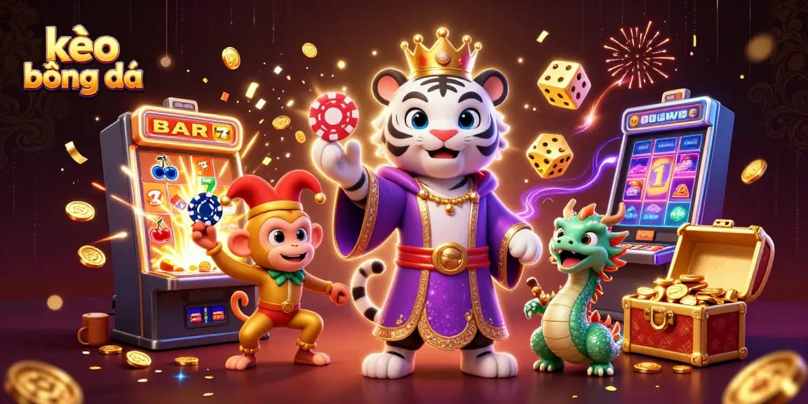 Bet on kèo bóng đá with a vibrant illustration of a tiger, monkey, and dragon in a casino theme.