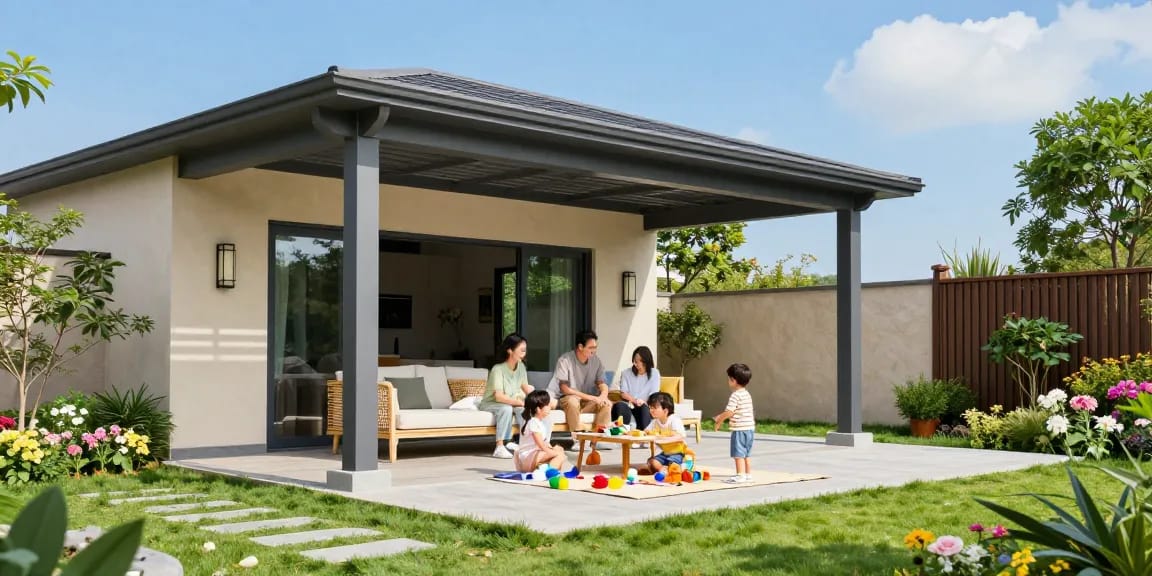 Familie unter einer freistehenden Terrassenüberdachung, entspannte Atmosphäre im Garten