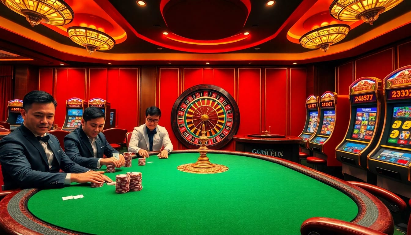 Engaging gamblers at GK88 COM with a vibrant casino scene featuring poker tables and slot machines.