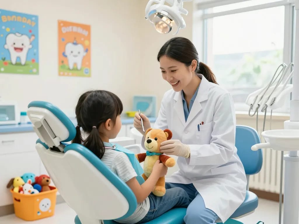 Einladender Kinderzahnarzt in Wien, der einen jungen Patienten in einer bunten Zahnarztpraxis mit spielerischer Atmosphäre untersucht.