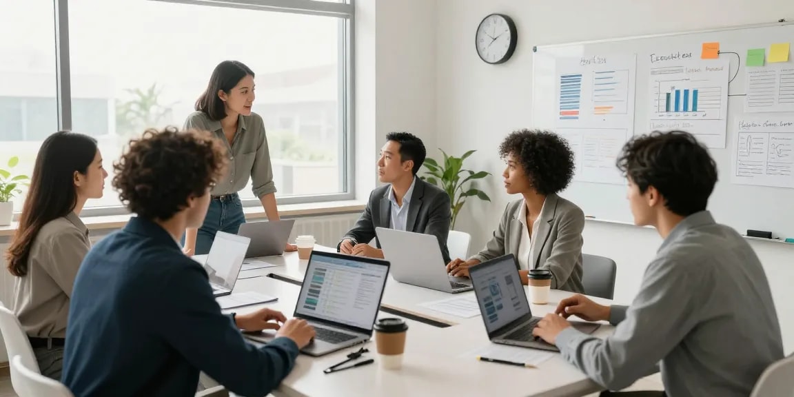 Moderne Arbeitsumgebung mit Führungskräften, die auf einer Bewertungsplattform Führung Strategien diskutieren und Daten analysieren.