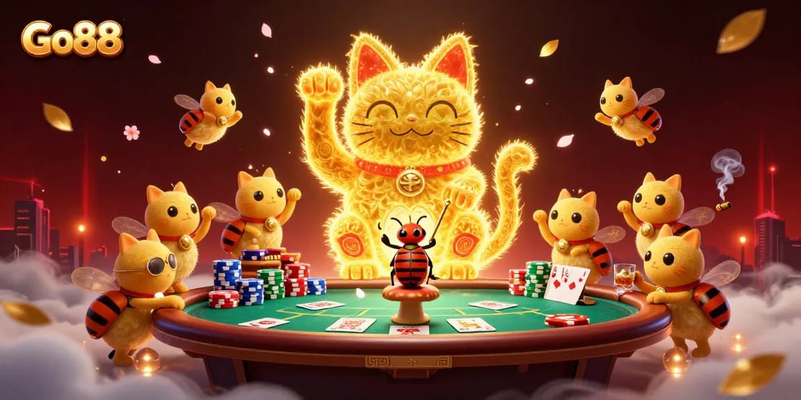 Play at Go88 with the magical golden lucky cat and vibrant casino elements lighting up the scene.