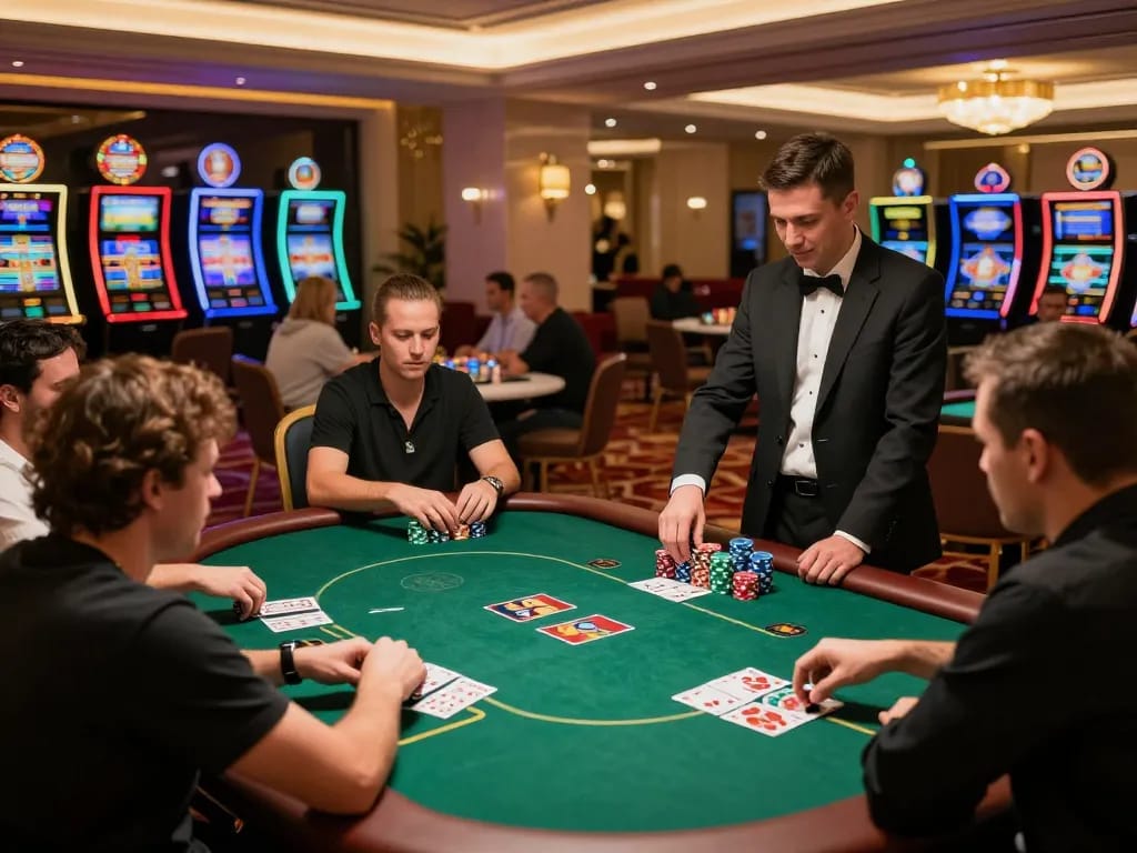Players enjoying an exciting poker game at PHPVIP casino, chips stacked and cards dealt in an elegant atmosphere.