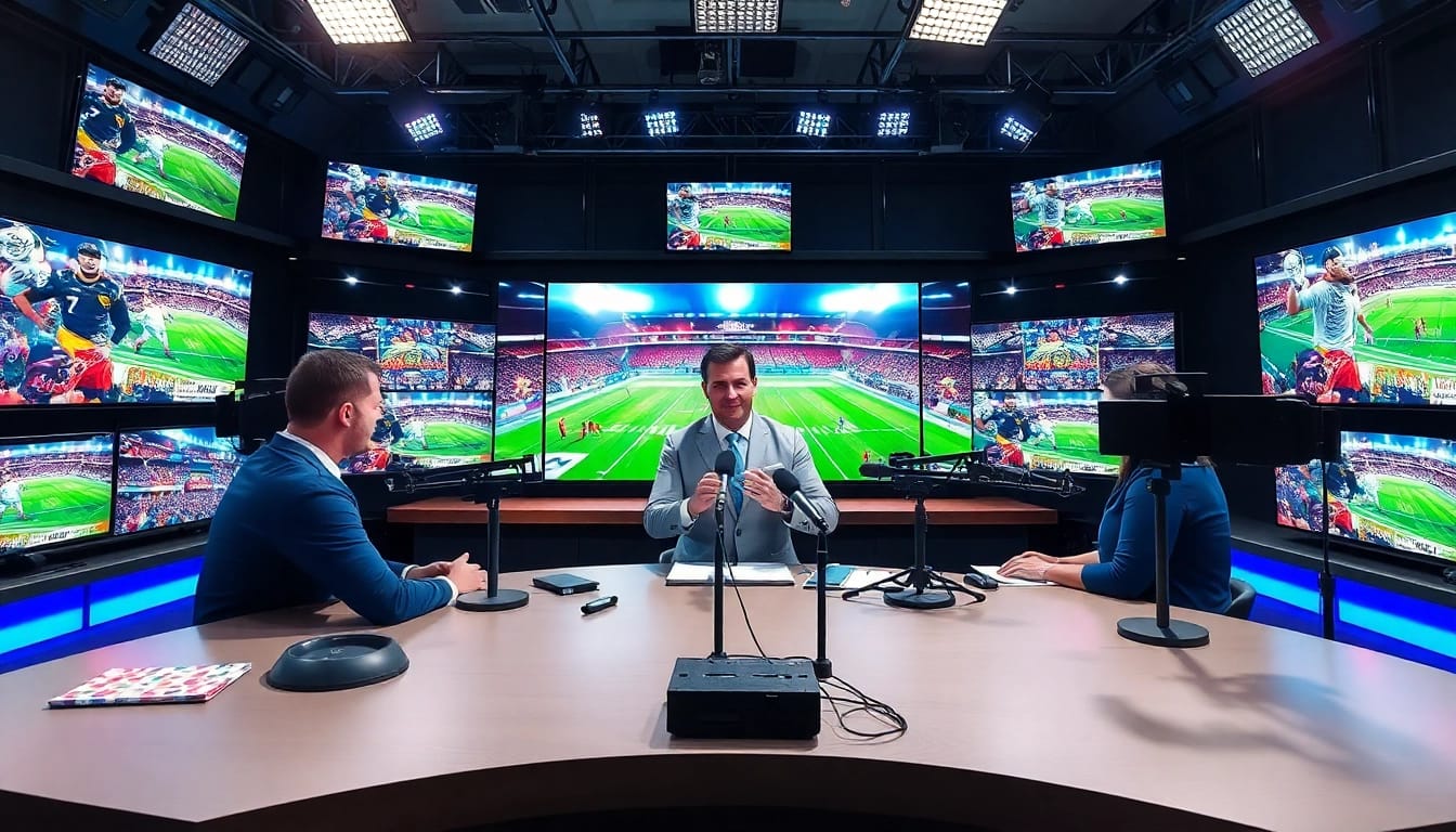 Engaging sports broadcasting scene in a modern studio with vibrant visuals.