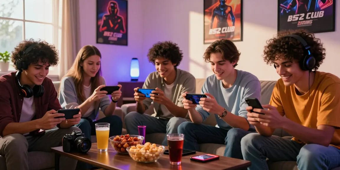 Group of friends enjoying B52 CLUB games on mobile devices, creating a lively gaming atmosphere at home.