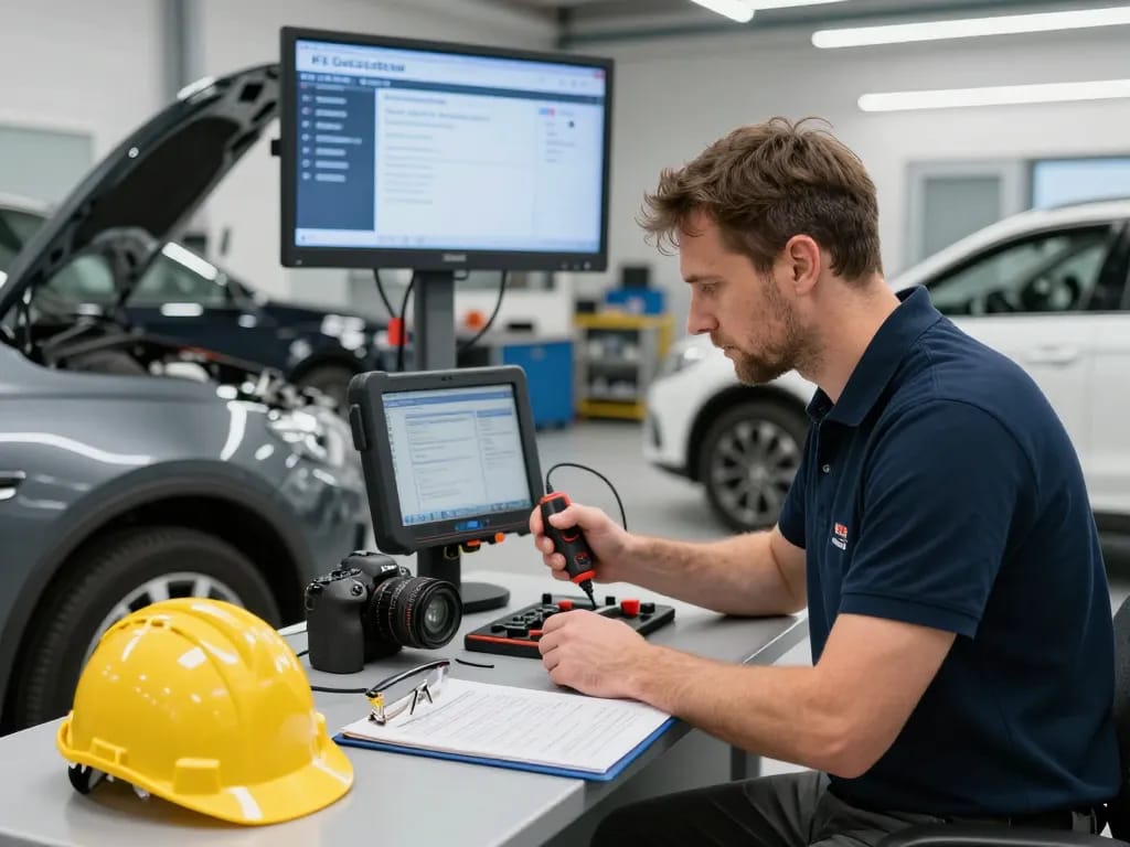 Kfz Gutachter Bonn bewertet Fahrzeugschäden mit professionellen Werkzeugen in einer gut ausgestatteten Werkstatt.