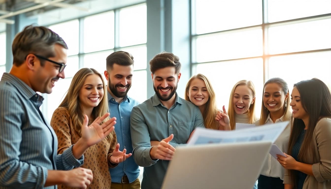 Engaged professionals seeking to find a job board for sales roles in a collaborative office environment.