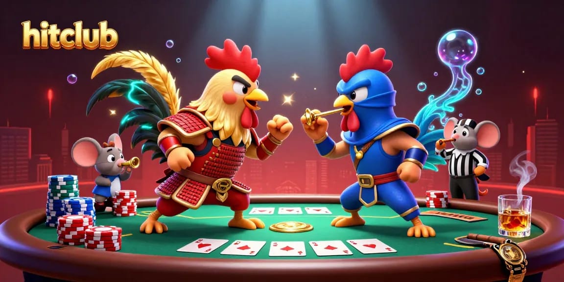 Experience thrilling action at hitclub with a dramatic duel between roosters in a casino setting.