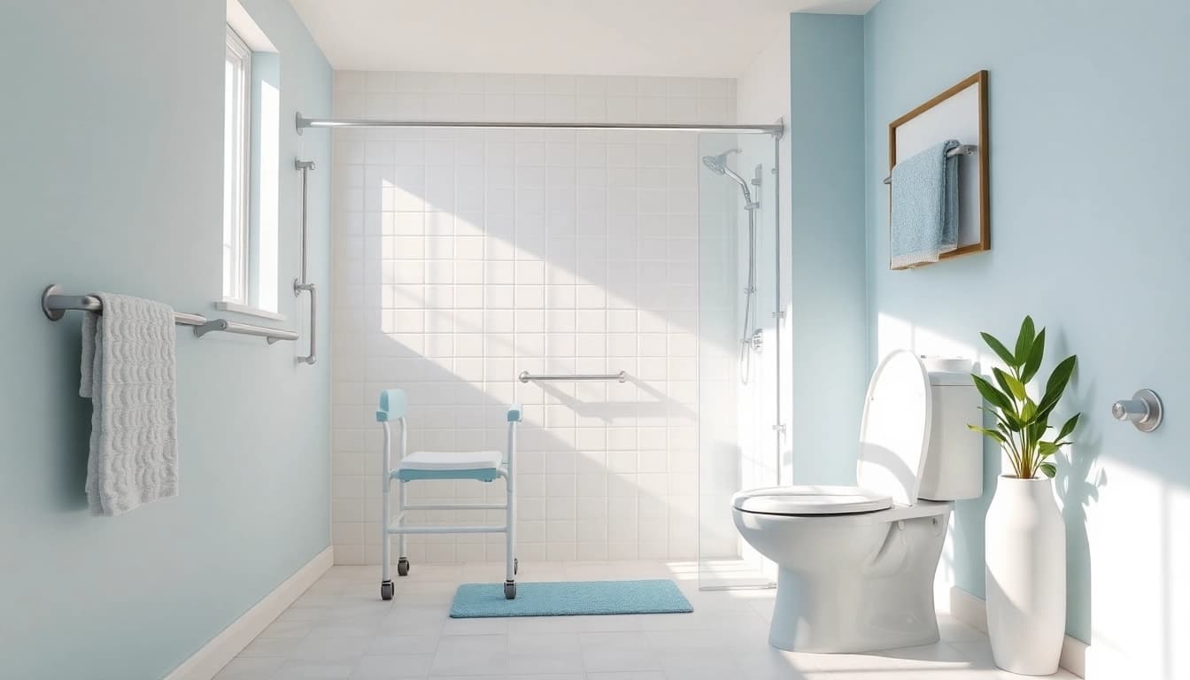 Hilfen fürs Bad und die Toilette: Modernes Badezimmer mit Sicherheitsvorrichtungen wie Haltegriffen und einem Duschstuhl für Barrierefreiheit.