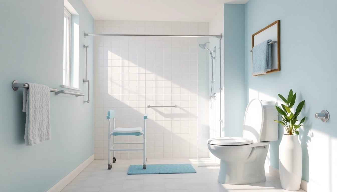 Hilfen fürs Bad und die Toilette: Modernes Badezimmer mit Sicherheitsvorrichtungen wie Haltegriffen und einem Duschstuhl für Barrierefreiheit.