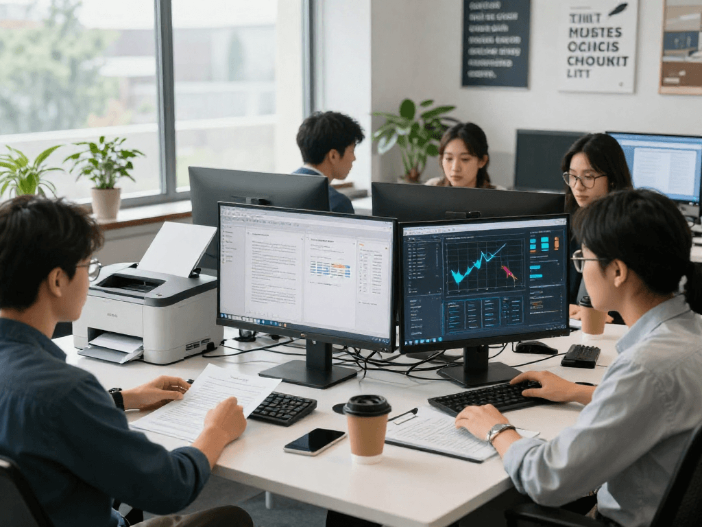 Data analysts conducting document fraud detection analysis in modern office setting with multiple monitors.