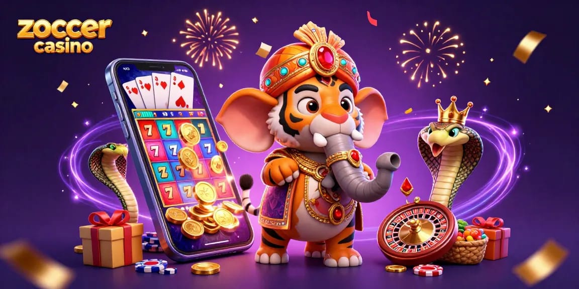 Experience the thrill at zoccer casino with a vibrant 3D scene showcasing a cartoon maharaja tiger and games!