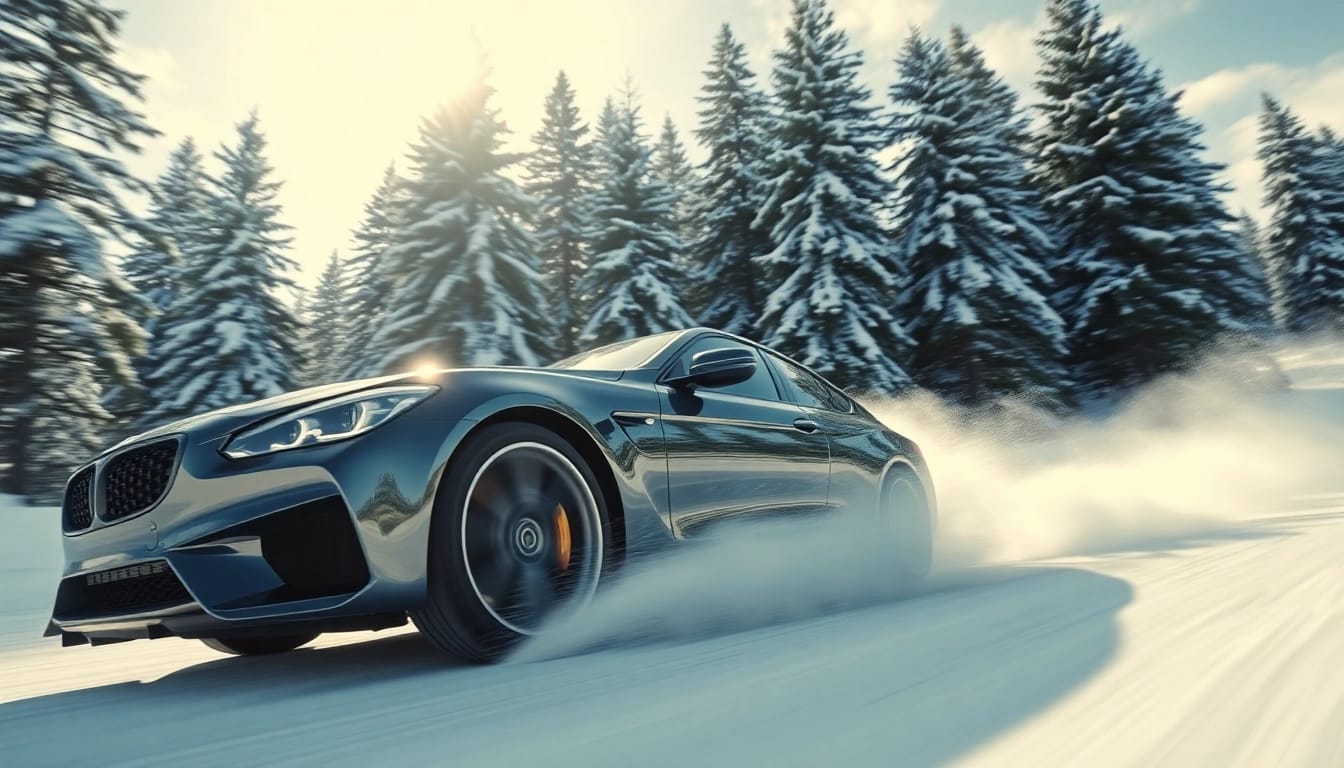 Auto Kufen racing on snowy track with sleek design and dynamic motion.