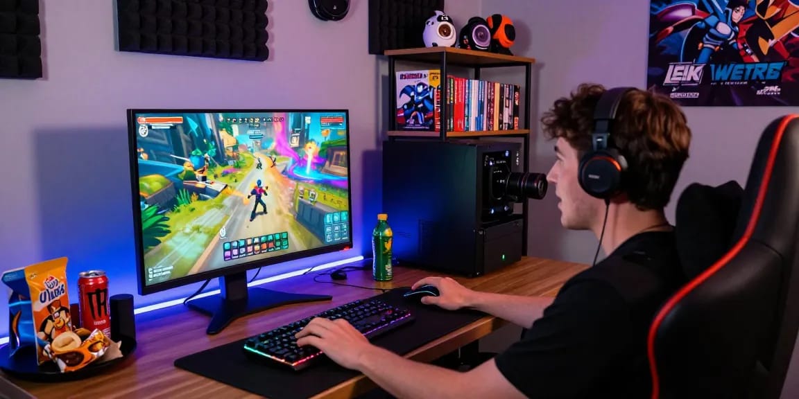 ฉากในห้องเล่นเกมที่มีการเล่น playme8 อย่างมืออาชีพ พร้อมอุปกรณ์เกมที่ทันสมัย