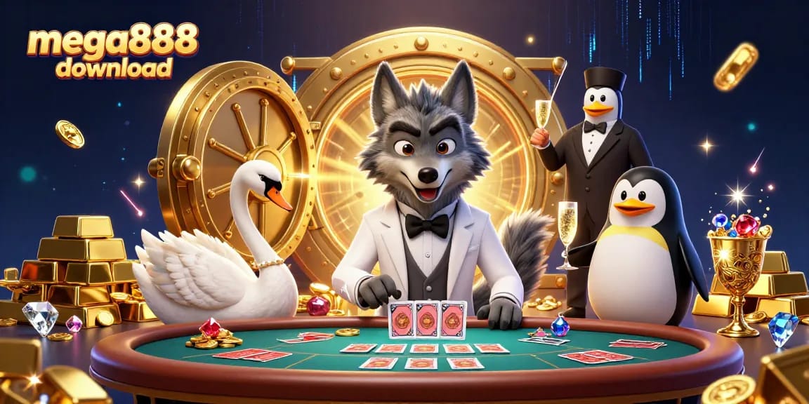 Experience the thrill of mega888 download with vibrant 3D characters in a casino setting.