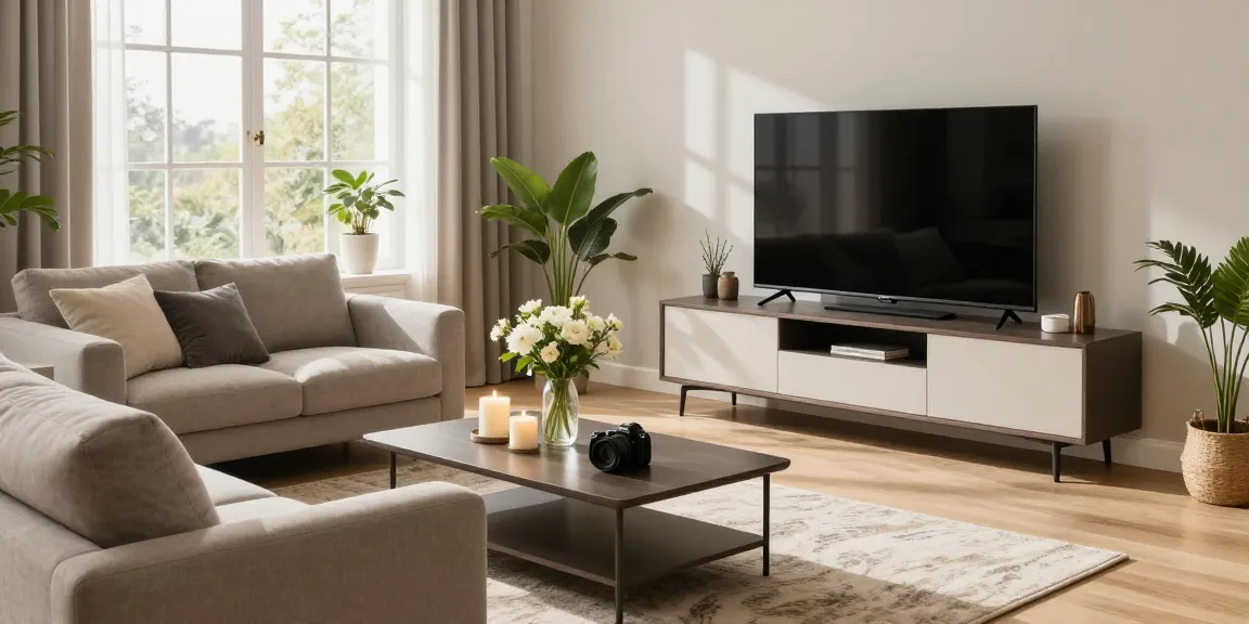 Stilvolles Wohnzimmer, das wohnmöbel online kaufen mit modernem Sofa und dekorativen Elementen zeigt.