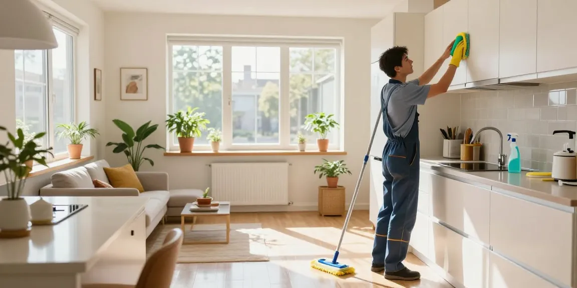 Apartment cleaning scene during wohnungsabgabe reinigung with professional cleaner in action, bright and organized space.