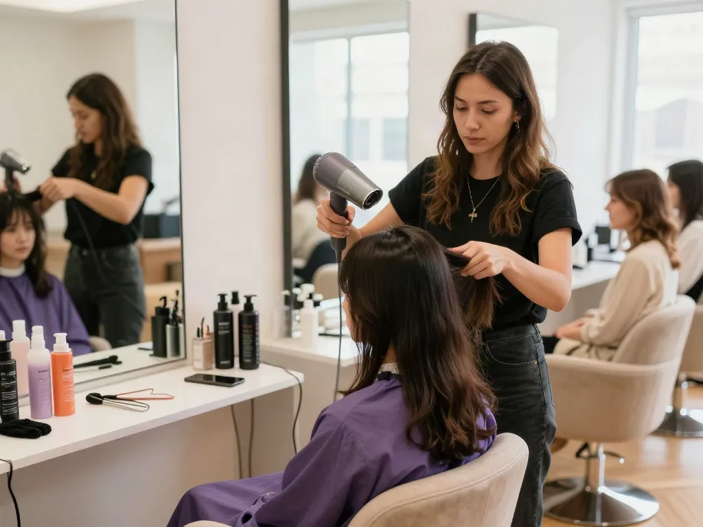 Frau mit Laifen Haartrockner im Schönheitssalon, professionelle Haartrocknung.