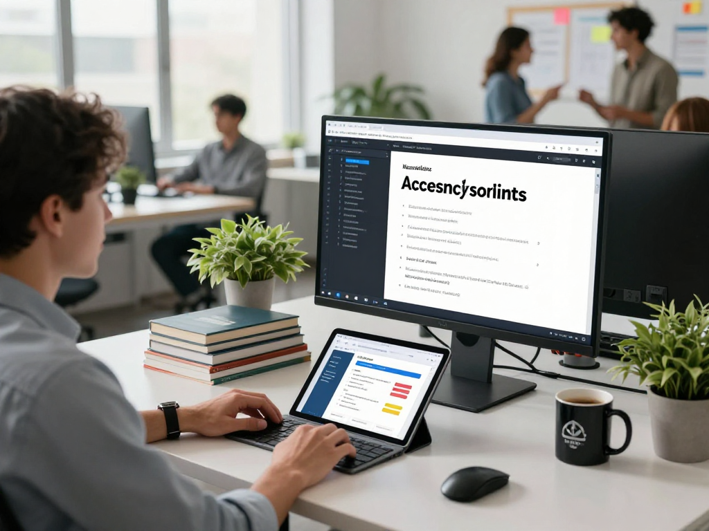 Barrierefreie und rechtssichere Webseiten Dienstleistung: Developer optimizing web accessibility in a modern workspace.