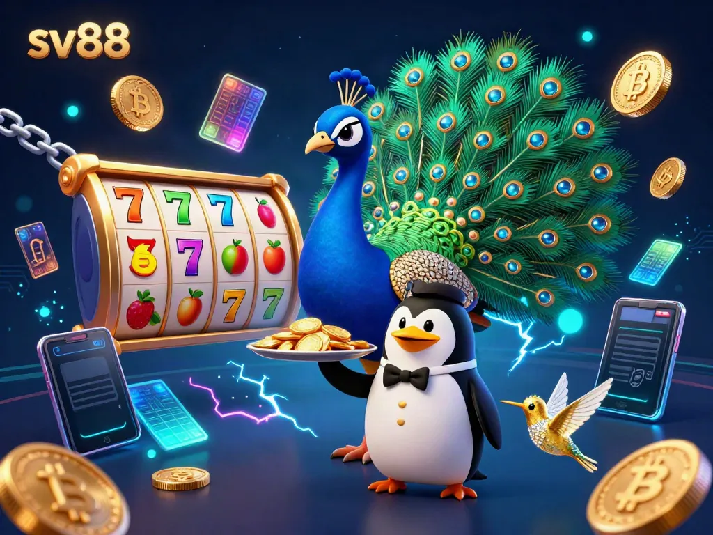 Experience thrilling slot gaming with sv88 featuring a colorful peacock, butler penguin, and hummingbird among rich casino elements.