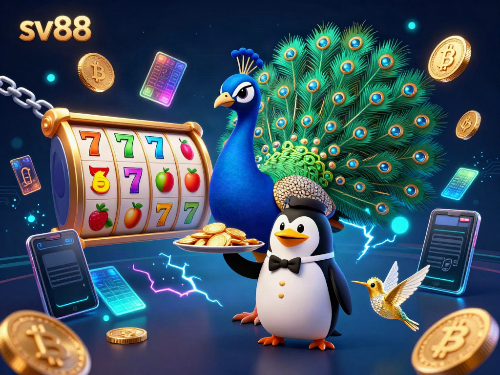 Experience thrilling slot gaming with sv88 featuring a colorful peacock, butler penguin, and hummingbird among rich casino elements.