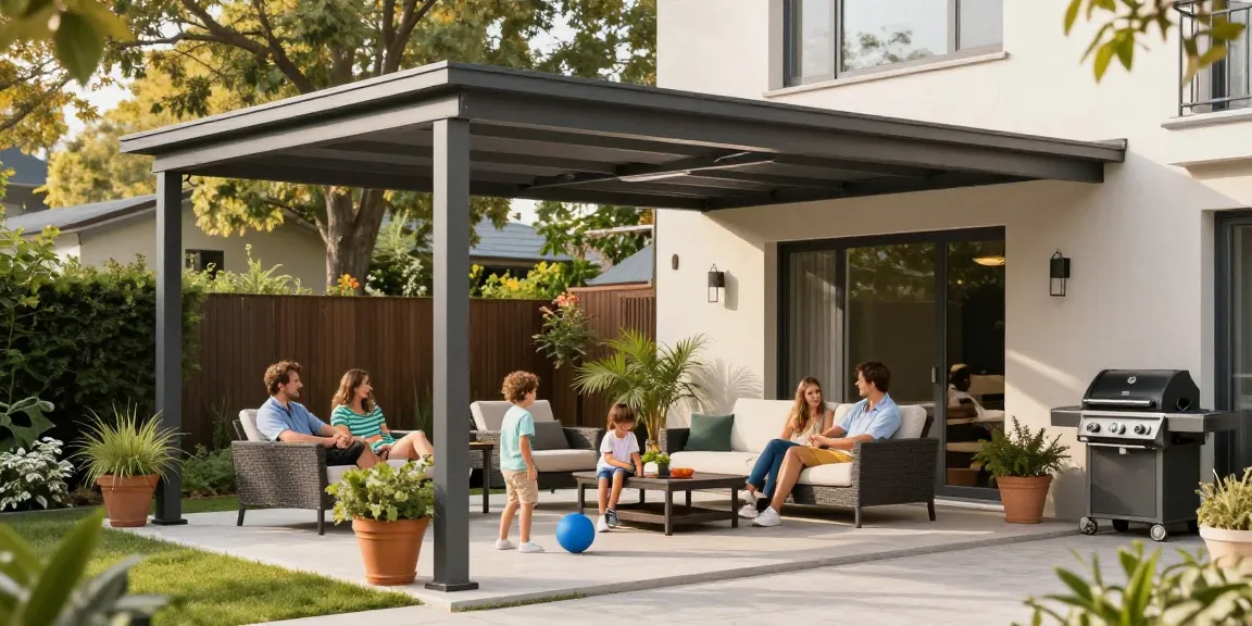 Moderne Terrassenüberdachung, die eine Familie im Garten vor Sonne schützt und eine einladende Atmosphäre schafft.
