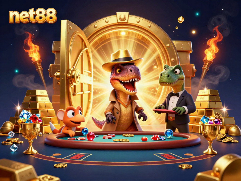 Engaging scene showing net88 with a clever velociraptor counter at a blackjack table, evoking thrilling casino action.