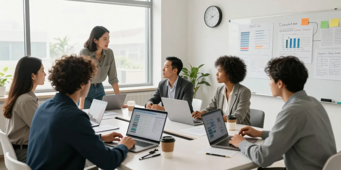 Moderne Arbeitsumgebung mit Führungskräften, die auf einer Bewertungsplattform Führung Strategien diskutieren und Daten analysieren.