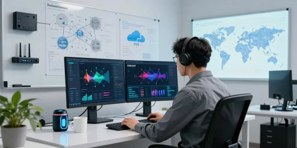 快连 - Futuristic tech workspace showcasing network connectivity analytics and optimization for seamless global internet access.