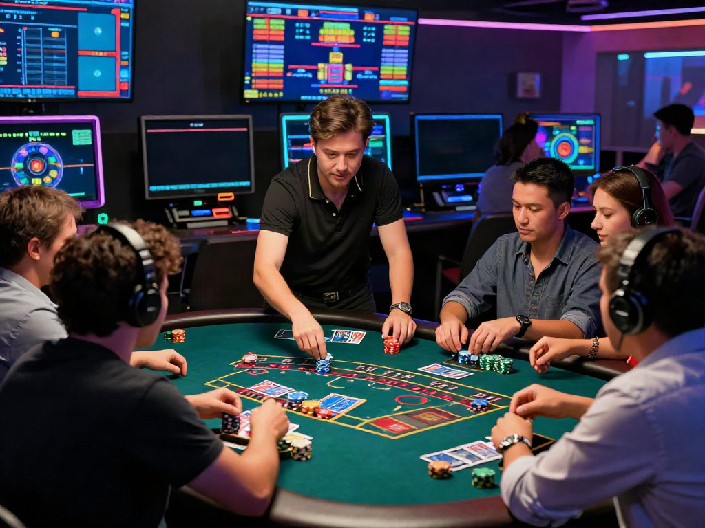 Interactive gaming experience at https://iwinnk.jp.net/ with players and dealer in vibrant virtual casino.