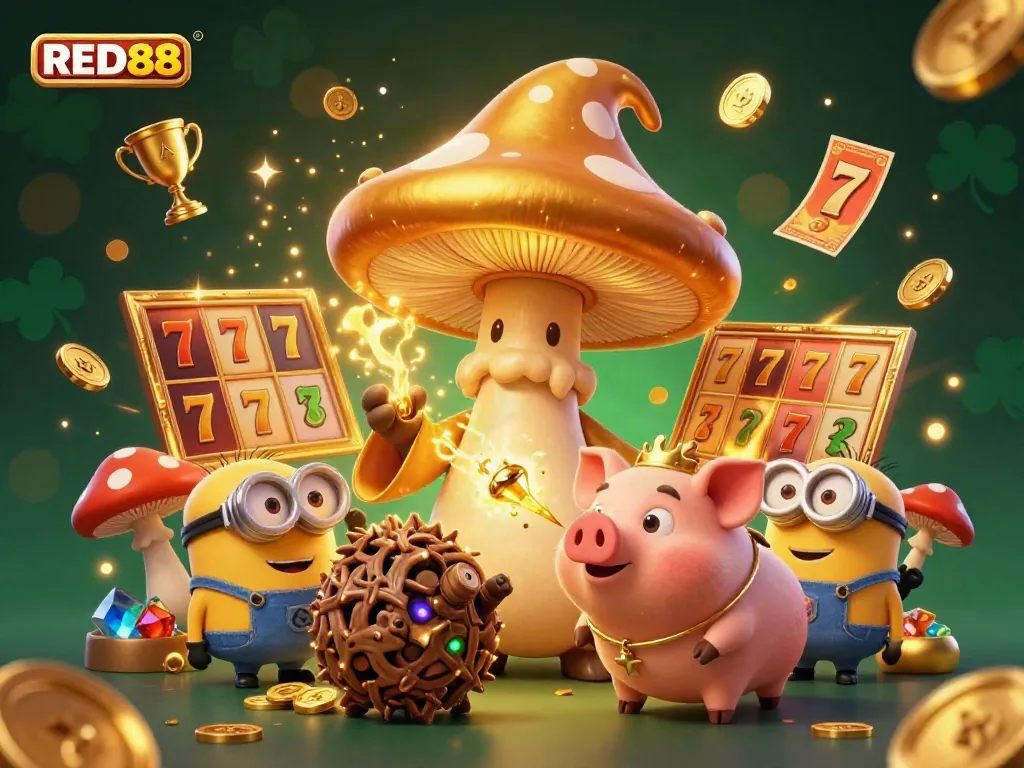 Experience thrilling magic at RED88 with a golden mushroom wizard and treasure-hunting pig amidst vibrant slot reels.