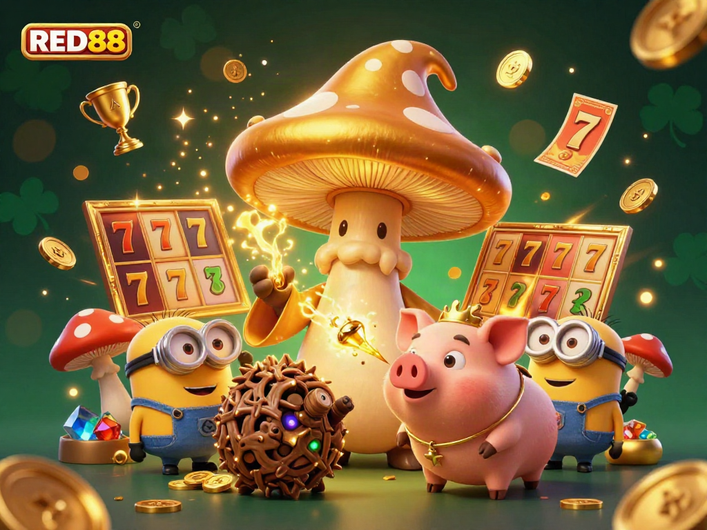 Experience thrilling magic at RED88 with a golden mushroom wizard and treasure-hunting pig amidst vibrant slot reels.