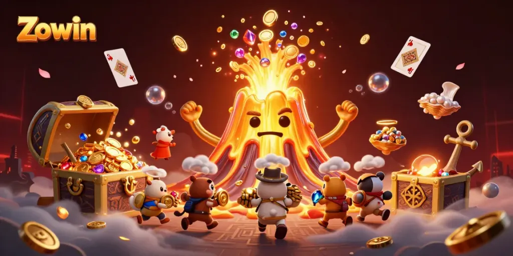 Zowin players triumphantly winning treasures at a vibrant online casino scene full of excitement and gems.