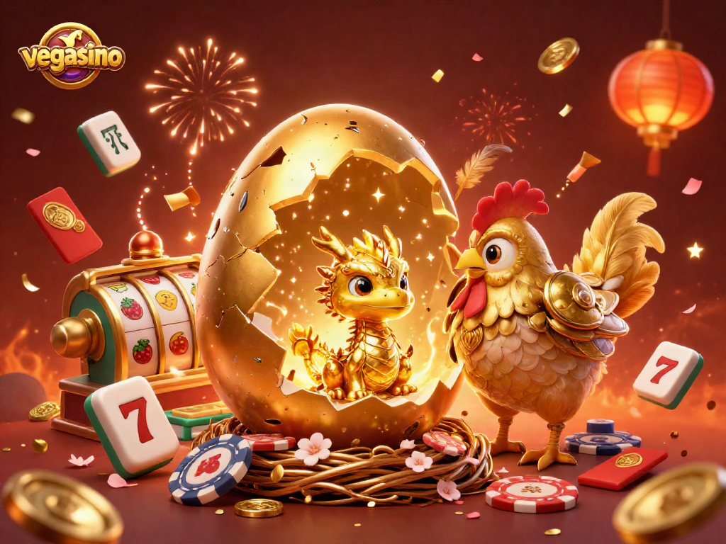Engage in thrilling gameplay at vegasino, where golden dragons and poker chips collide in a festive casino atmosphere.