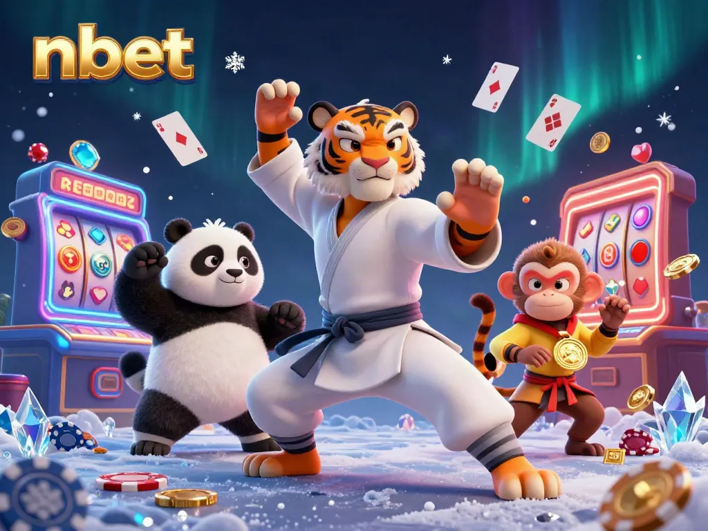 Experience nbet's vibrant gameplay featuring a kung fu tiger and panda amidst casino action.