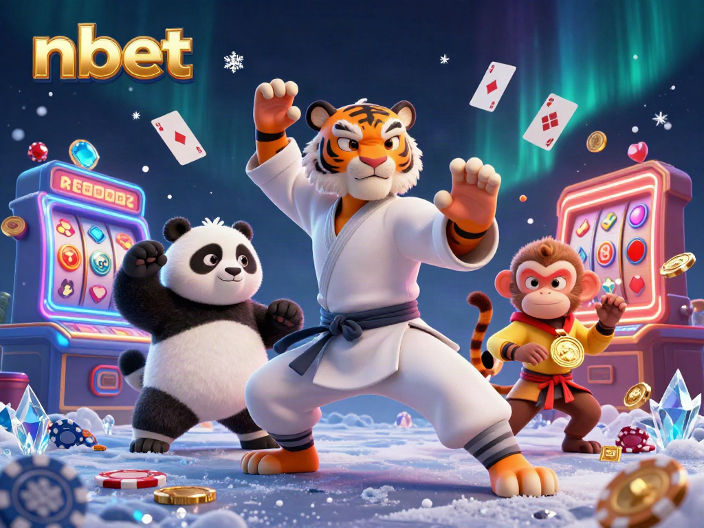 Experience nbet's vibrant gameplay featuring a kung fu tiger and panda amidst casino action.
